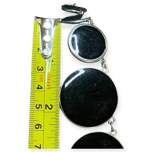 Vintage‎ Silver Tone Black Enamel Coin Disc Station 21" Statement Chain Necklace - Picture 3 of 4
